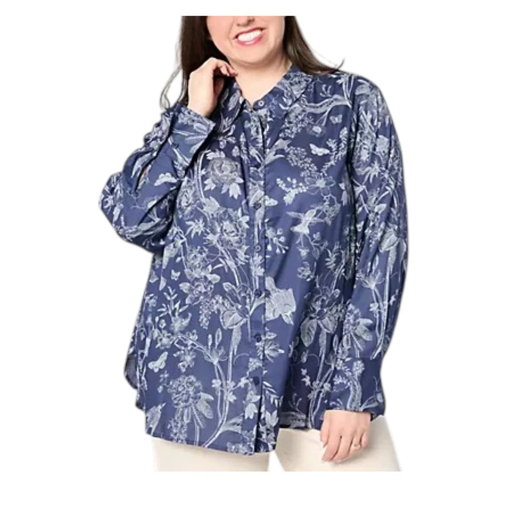 BEAUTIFUL by Lawrence Zarian Women`s Printed Button Front Tunic Navy - Petite